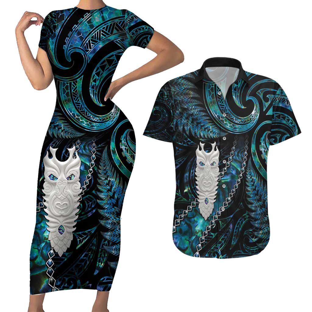 New Zealand Aotearoa Couples Matching Short Sleeve Bodycon Dress and Hawaiian Shirt Maori Tane Te Waiora Paua Shell Glitter Turquoise LT05 Turquoise - Polynesian Pride