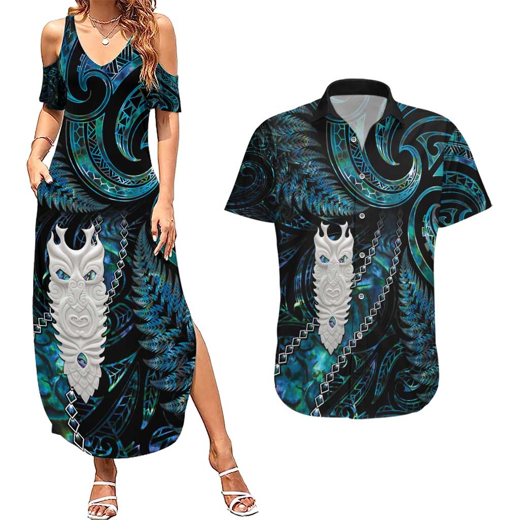 New Zealand Aotearoa Couples Matching Summer Maxi Dress and Hawaiian Shirt Maori Tane Te Waiora Paua Shell Glitter Turquoise LT05 Turquoise - Polynesian Pride