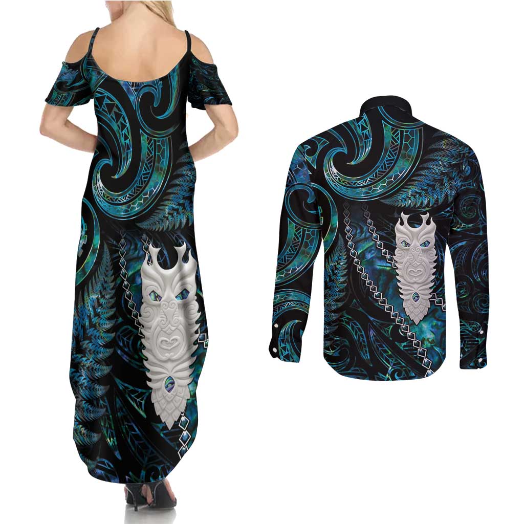 New Zealand Aotearoa Couples Matching Summer Maxi Dress and Long Sleeve Button Shirt Maori Tane Te Waiora Paua Shell Glitter Turquoise LT05 - Polynesian Pride