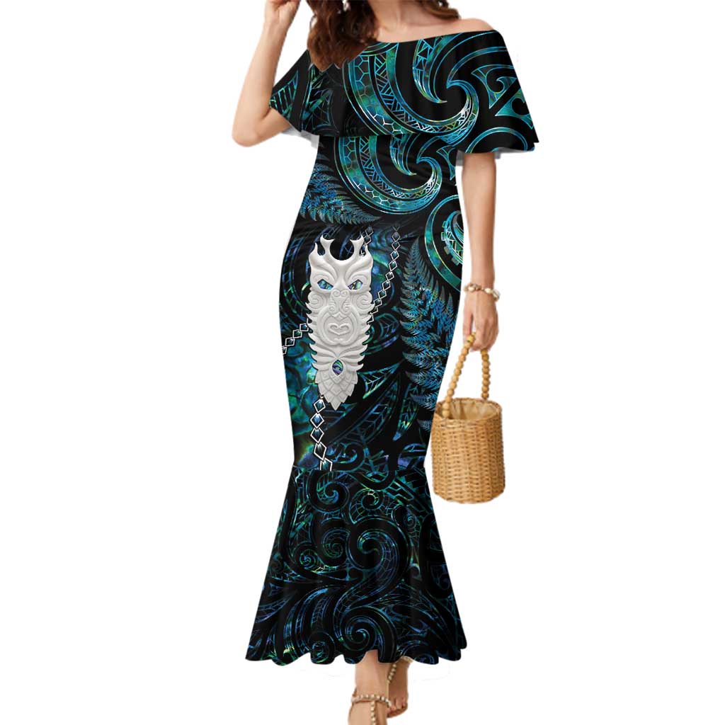 New Zealand Aotearoa Family Matching Mermaid Dress and Hawaiian Shirt Maori Tane Te Waiora Paua Shell Glitter Turquoise LT05 Mom's Dress Turquoise - Polynesian Pride