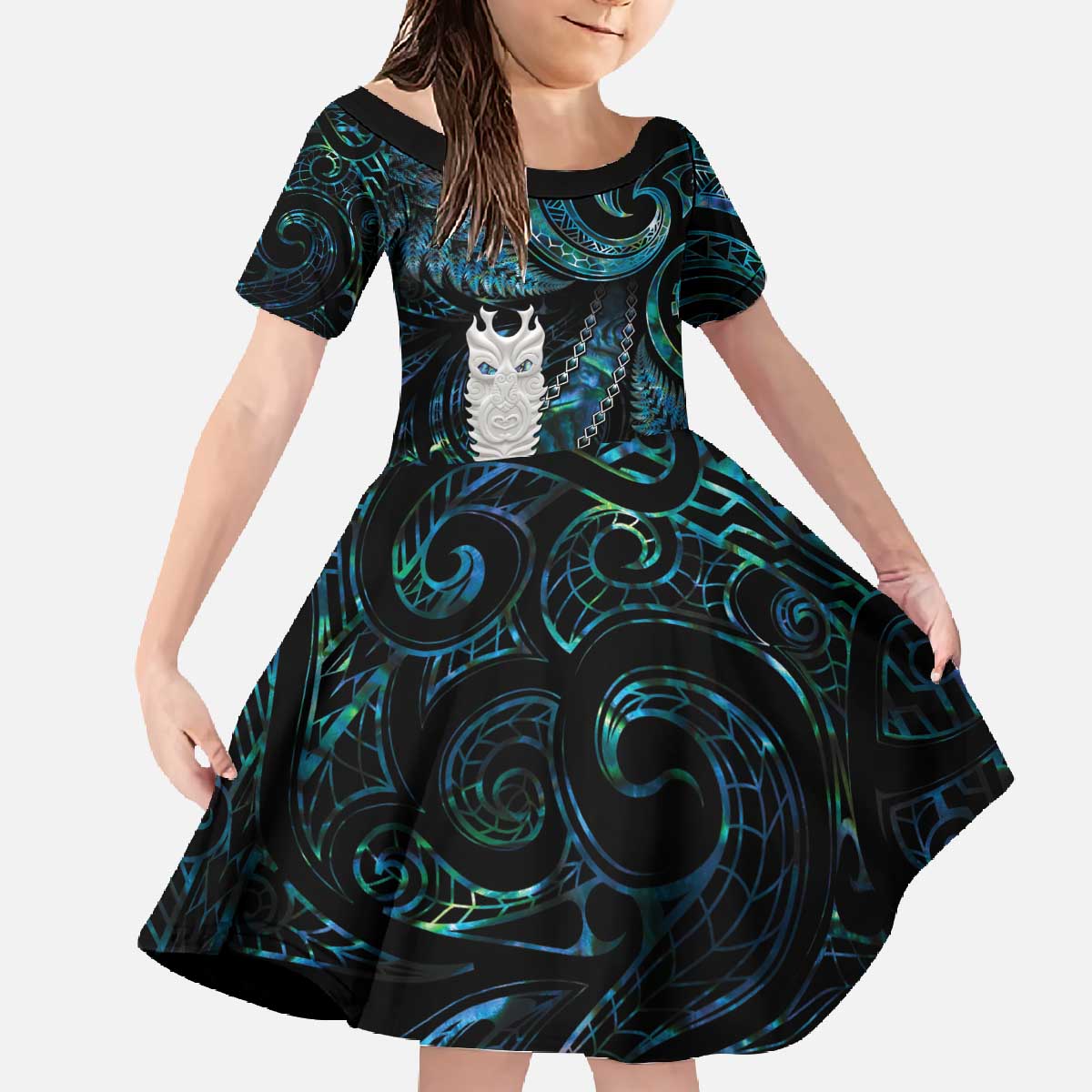 New Zealand Aotearoa Family Matching Off The Shoulder Long Sleeve Dress and Hawaiian Shirt Maori Tane Te Waiora Paua Shell Glitter Turquoise LT05 Daughter's Dress Turquoise - Polynesian Pride
