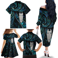 New Zealand Aotearoa Family Matching Off The Shoulder Long Sleeve Dress and Hawaiian Shirt Maori Tane Te Waiora Paua Shell Glitter Turquoise LT05 - Polynesian Pride