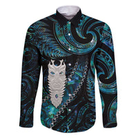 New Zealand Aotearoa Family Matching Off The Shoulder Long Sleeve Dress and Hawaiian Shirt Maori Tane Te Waiora Paua Shell Glitter Turquoise LT05 Dad's Shirt - Long Sleeve Turquoise - Polynesian Pride