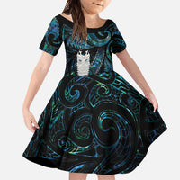 New Zealand Aotearoa Family Matching Off Shoulder Maxi Dress and Hawaiian Shirt Maori Tane Te Waiora Paua Shell Glitter Turquoise LT05 Daughter's Dress Turquoise - Polynesian Pride