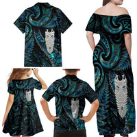 New Zealand Aotearoa Family Matching Off Shoulder Maxi Dress and Hawaiian Shirt Maori Tane Te Waiora Paua Shell Glitter Turquoise LT05 - Polynesian Pride