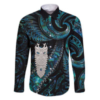 New Zealand Aotearoa Family Matching Off Shoulder Maxi Dress and Hawaiian Shirt Maori Tane Te Waiora Paua Shell Glitter Turquoise LT05 Dad's Shirt - Long Sleeve Turquoise - Polynesian Pride