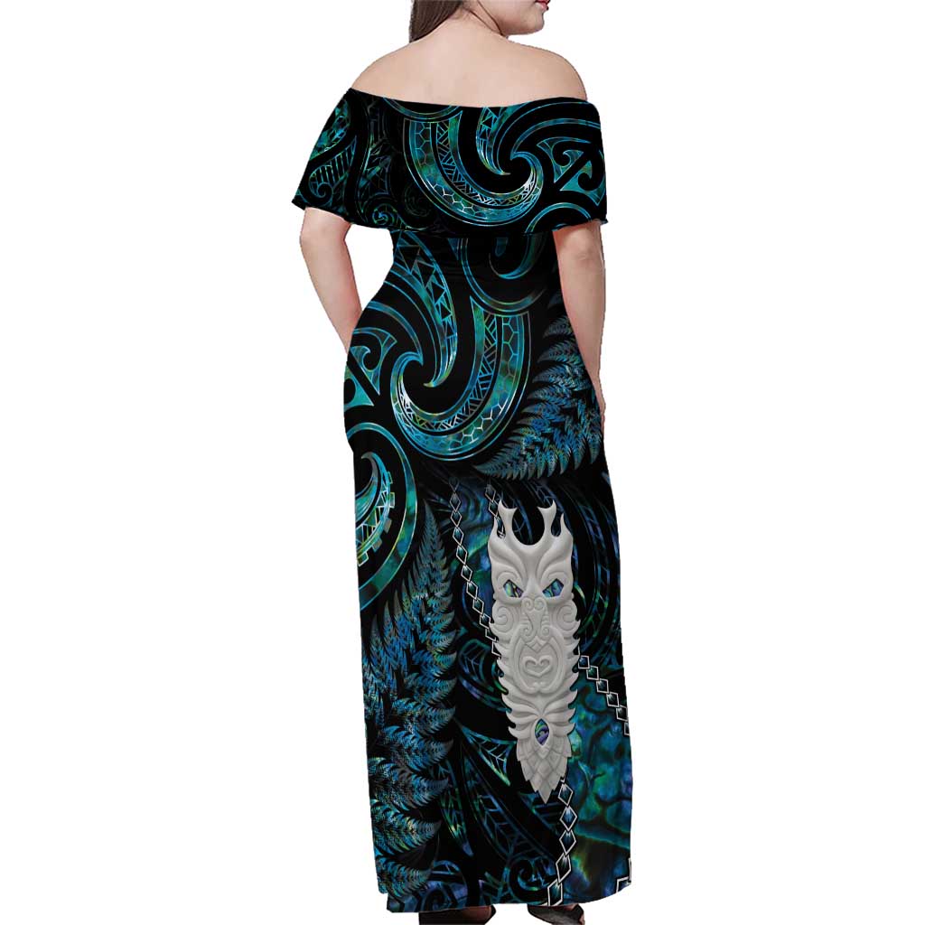 New Zealand Aotearoa Family Matching Off Shoulder Maxi Dress and Hawaiian Shirt Maori Tane Te Waiora Paua Shell Glitter Turquoise LT05 - Polynesian Pride