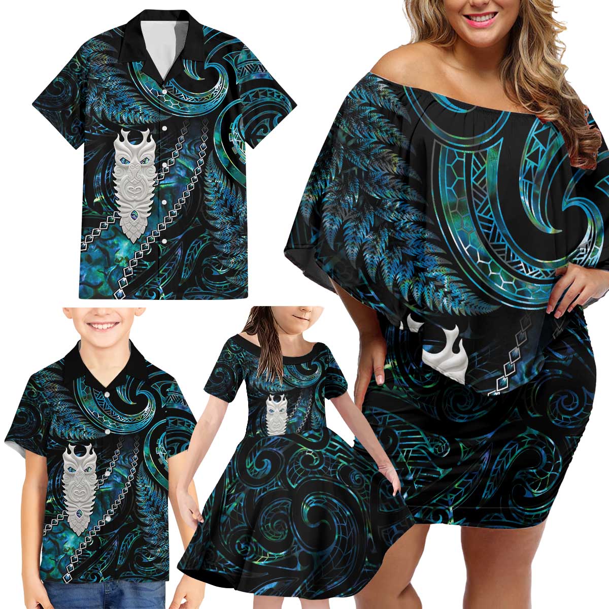 New Zealand Aotearoa Family Matching Off Shoulder Short Dress and Hawaiian Shirt Maori Tane Te Waiora Paua Shell Glitter Turquoise LT05 - Polynesian Pride