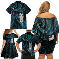 New Zealand Aotearoa Family Matching Off Shoulder Short Dress and Hawaiian Shirt Maori Tane Te Waiora Paua Shell Glitter Turquoise LT05 - Polynesian Pride