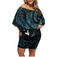 New Zealand Aotearoa Family Matching Off Shoulder Short Dress and Hawaiian Shirt Maori Tane Te Waiora Paua Shell Glitter Turquoise LT05 Mom's Dress Turquoise - Polynesian Pride