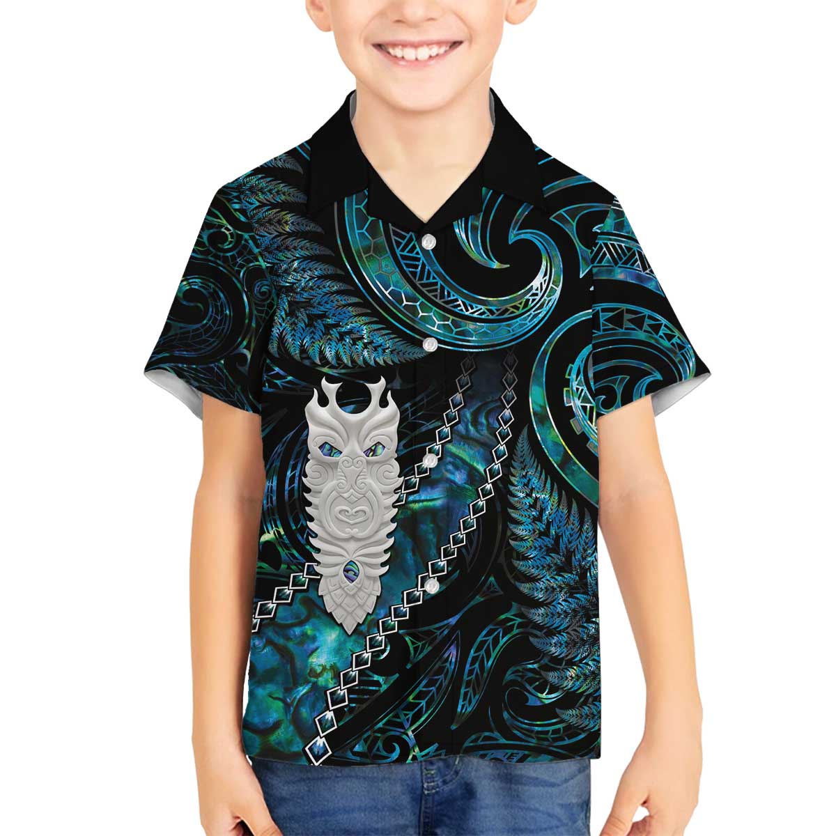 New Zealand Aotearoa Family Matching Off Shoulder Short Dress and Hawaiian Shirt Maori Tane Te Waiora Paua Shell Glitter Turquoise LT05 Son's Shirt Turquoise - Polynesian Pride