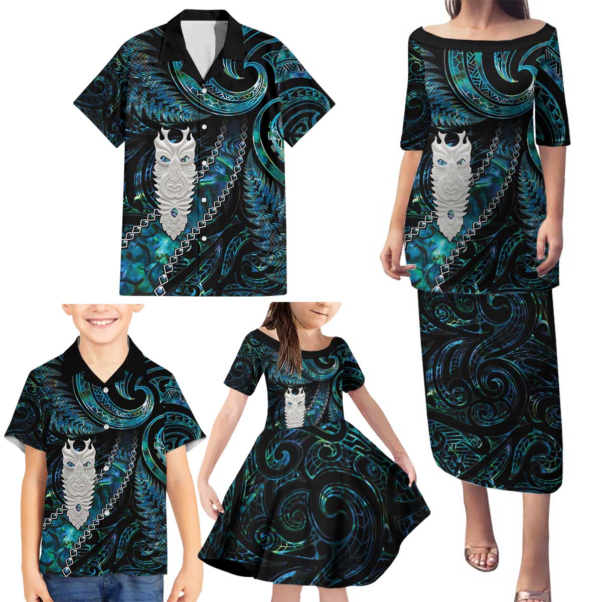 New Zealand Aotearoa Family Matching Puletasi and Hawaiian Shirt Maori Tane Te Waiora Paua Shell Glitter Turquoise LT05 - Polynesian Pride