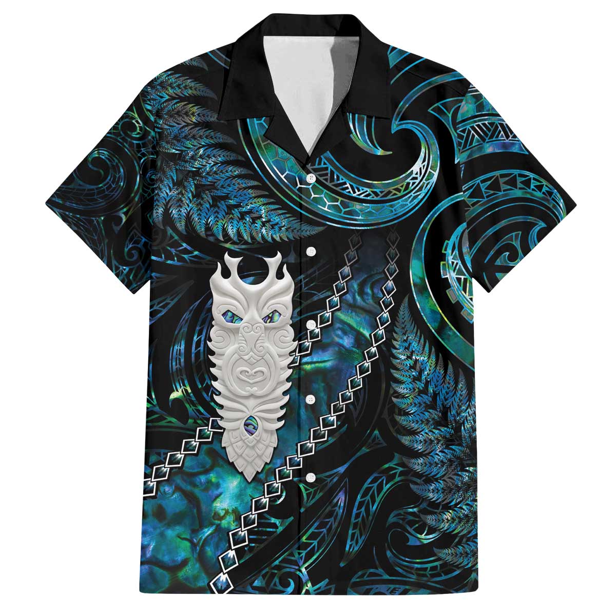 New Zealand Aotearoa Family Matching Puletasi and Hawaiian Shirt Maori Tane Te Waiora Paua Shell Glitter Turquoise LT05 Dad's Shirt - Short Sleeve Turquoise - Polynesian Pride