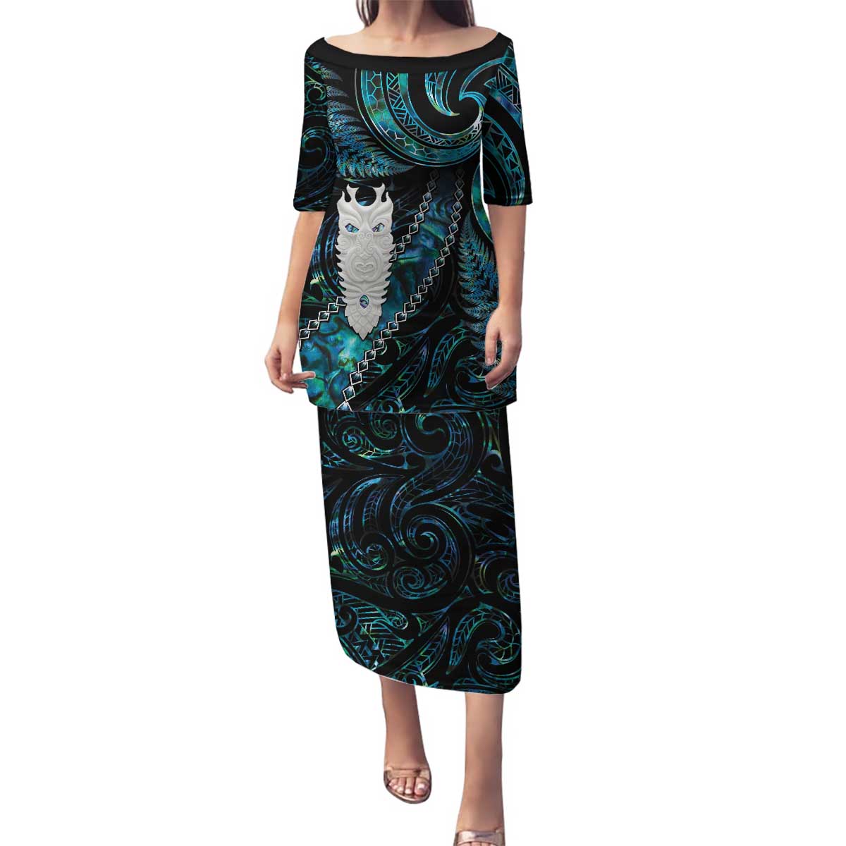 New Zealand Aotearoa Family Matching Puletasi and Hawaiian Shirt Maori Tane Te Waiora Paua Shell Glitter Turquoise LT05 Mom's Dress Turquoise - Polynesian Pride