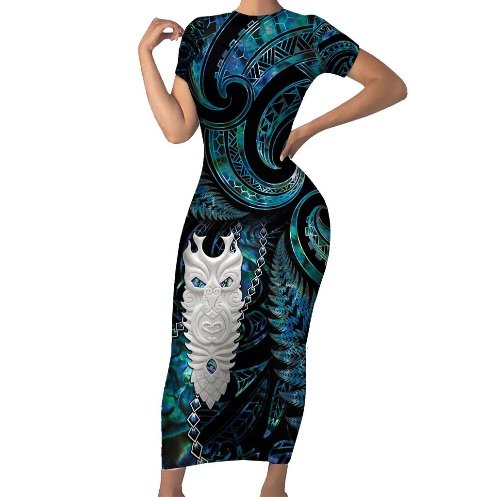 New Zealand Aotearoa Family Matching Short Sleeve Bodycon Dress and Hawaiian Shirt Maori Tane Te Waiora Paua Shell Glitter Turquoise LT05 Mom's Dress Turquoise - Polynesian Pride