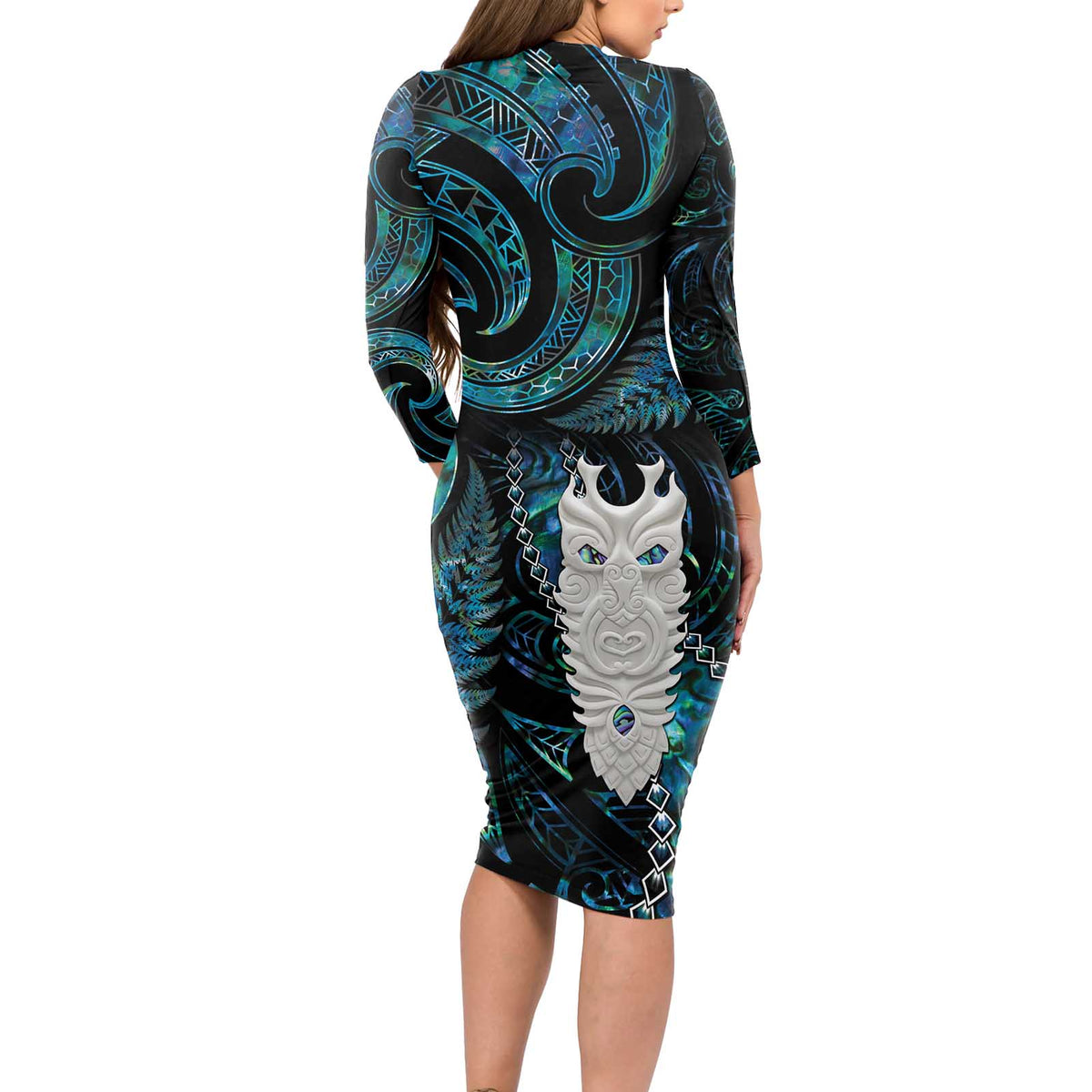 New Zealand Aotearoa Long Sleeve Bodycon Dress Maori Tane Te Waiora Paua Shell Glitter Turquoise LT05 - Polynesian Pride