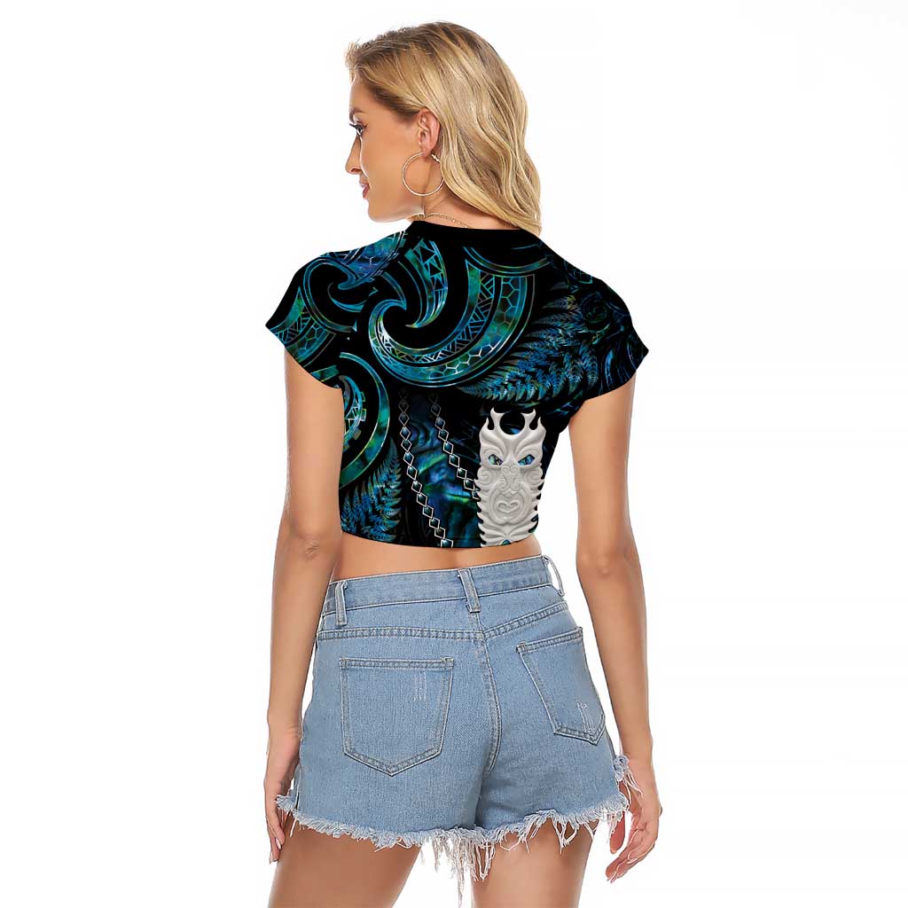 New Zealand Aotearoa Raglan Cropped T Shirt Maori Tane Te Waiora Paua Shell Glitter Turquoise