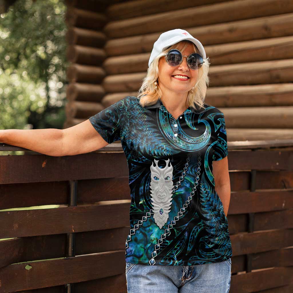 New Zealand Aotearoa Women Polo Shirt Maori Tane Te Waiora Paua Shell Glitter Turquoise LT05 - Polynesian Pride