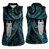 New Zealand Aotearoa Women Sleeveless Polo Shirt Maori Tane Te Waiora Paua Shell Glitter Turquoise LT05 - Polynesian Pride