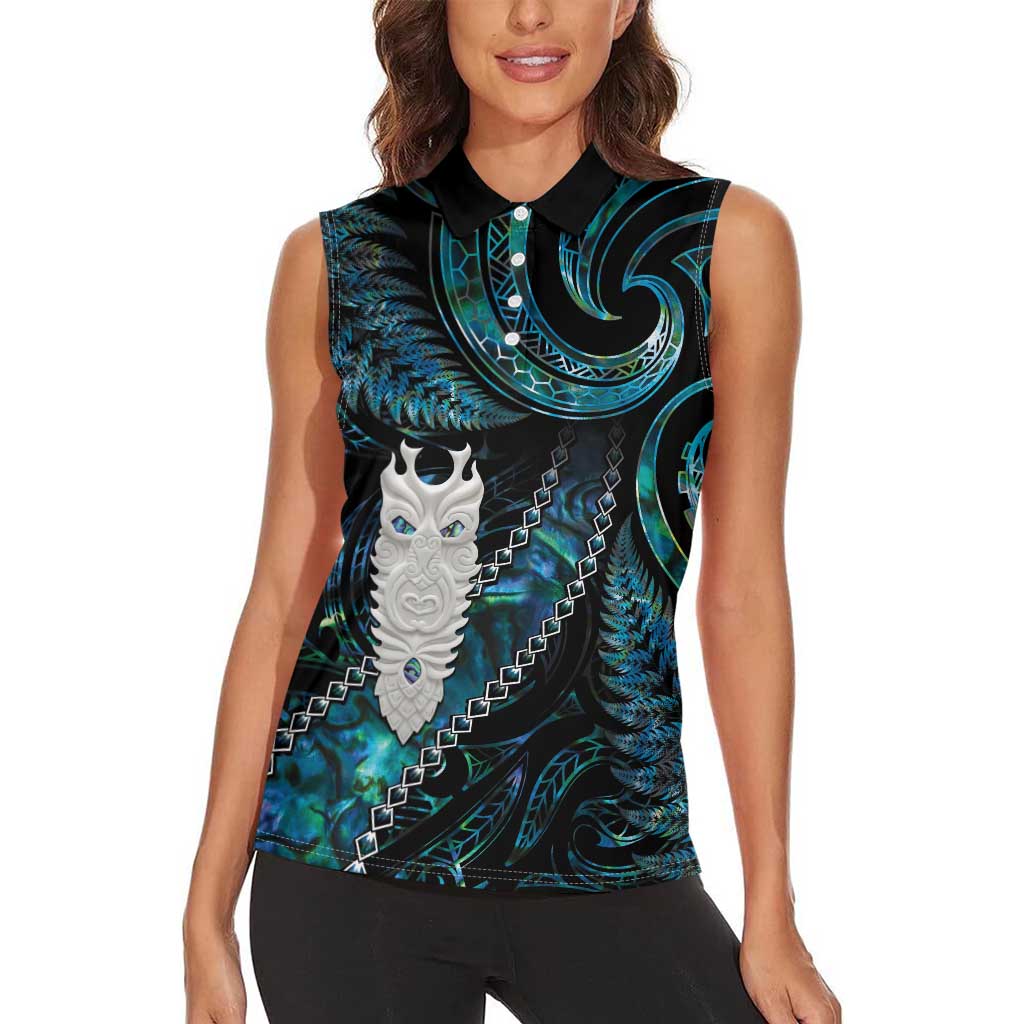 New Zealand Aotearoa Women Sleeveless Polo Shirt Maori Tane Te Waiora Paua Shell Glitter Turquoise LT05 - Polynesian Pride