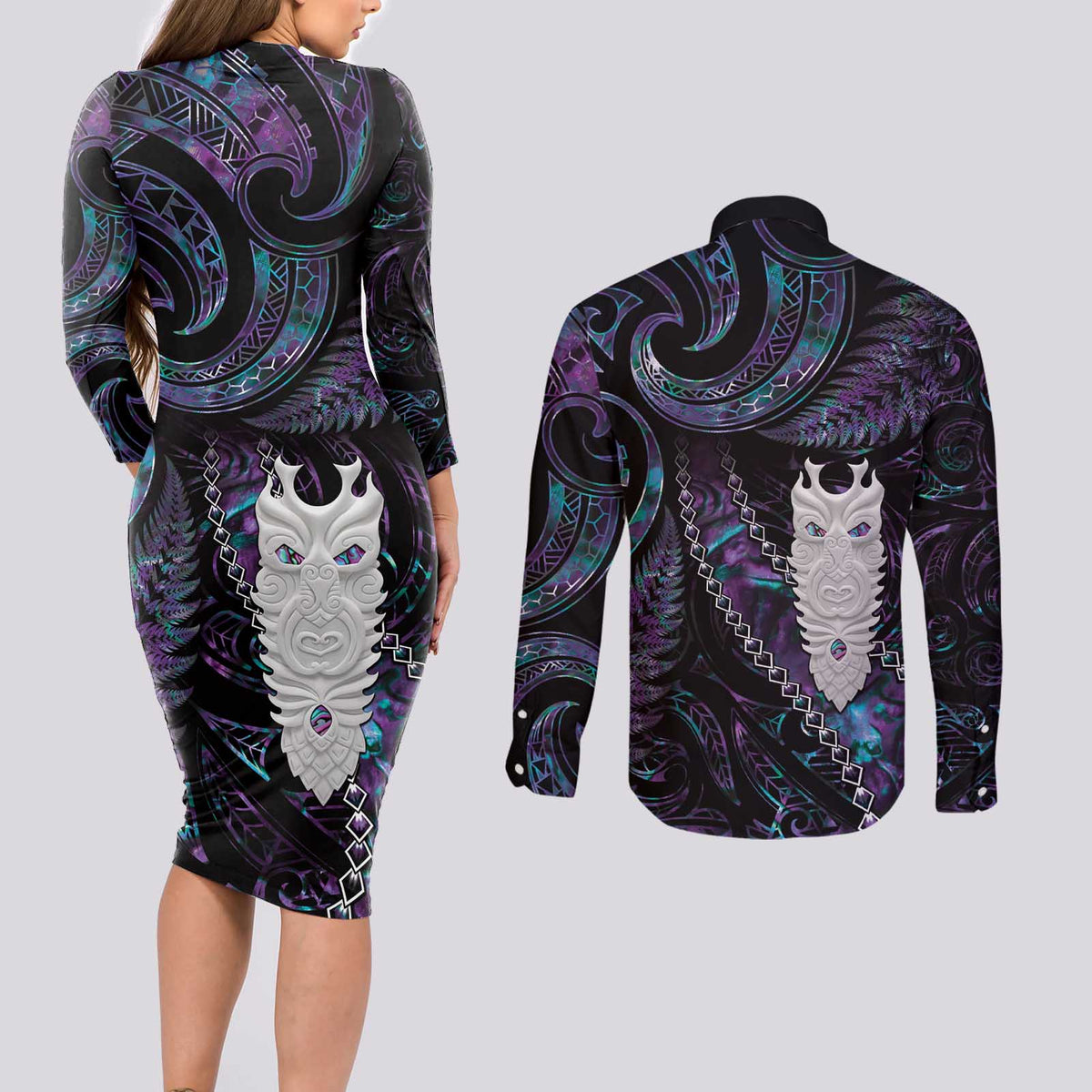 New Zealand Aotearoa Couples Matching Long Sleeve Bodycon Dress and Long Sleeve Button Shirt Maori Tane Te Waiora Paua Shell Glitter Purple LT05 - Polynesian Pride