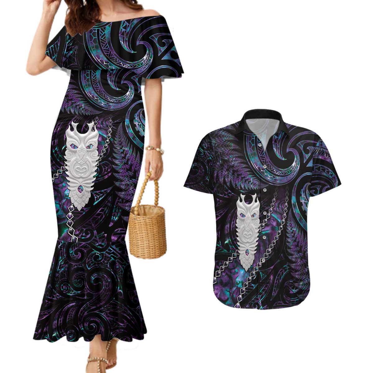New Zealand Aotearoa Couples Matching Mermaid Dress and Hawaiian Shirt Maori Tane Te Waiora Paua Shell Glitter Purple LT05 Purple - Polynesian Pride
