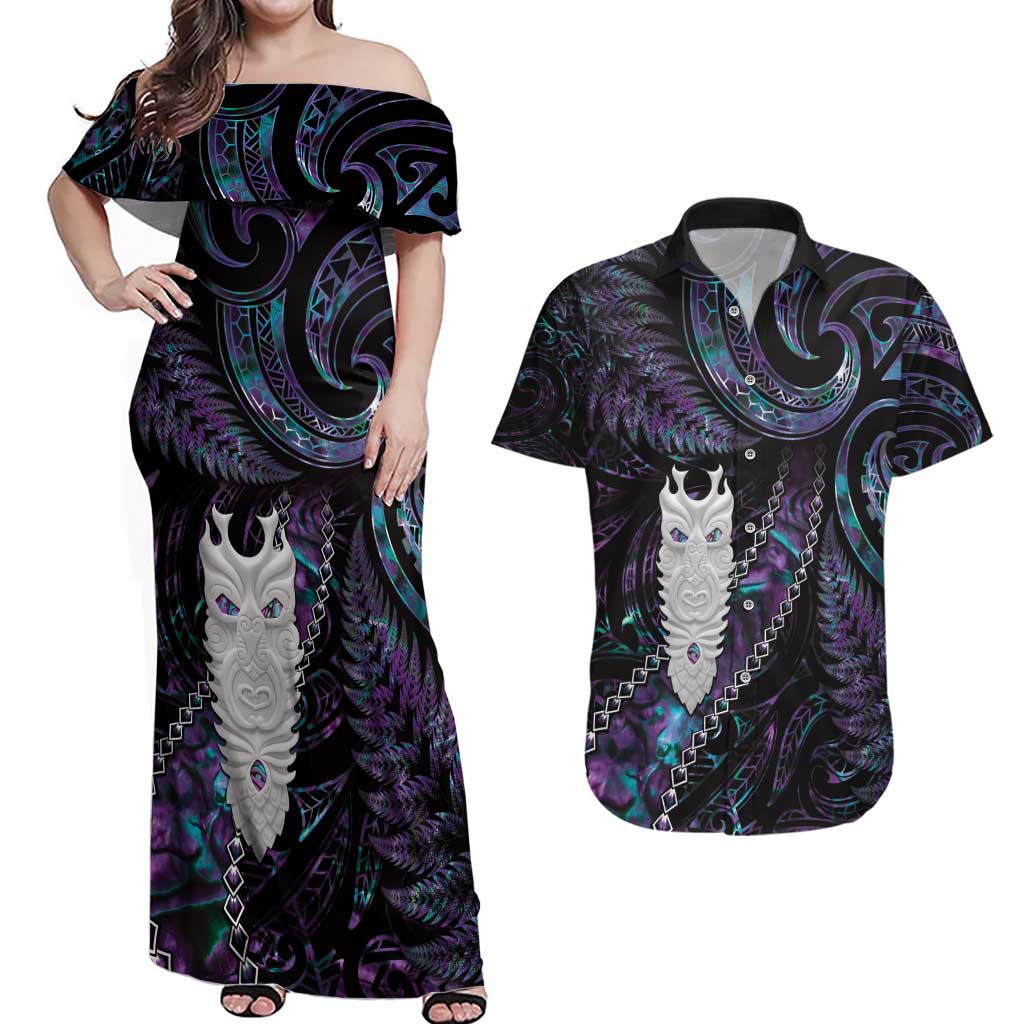 New Zealand Aotearoa Couples Matching Off Shoulder Maxi Dress and Hawaiian Shirt Maori Tane Te Waiora Paua Shell Glitter Purple LT05 Purple - Polynesian Pride