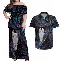 New Zealand Aotearoa Couples Matching Off Shoulder Maxi Dress and Hawaiian Shirt Maori Tane Te Waiora Paua Shell Glitter Purple LT05 Purple - Polynesian Pride
