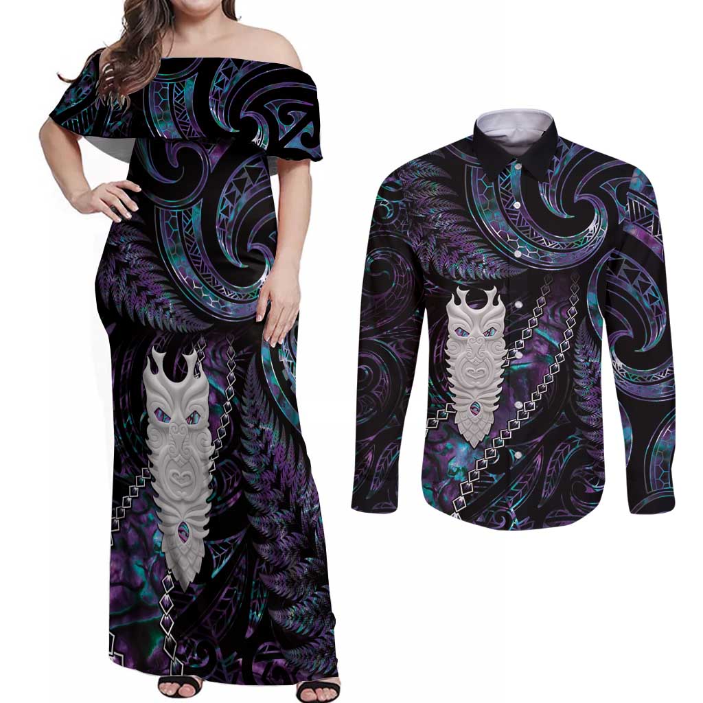 New Zealand Aotearoa Couples Matching Off Shoulder Maxi Dress and Long Sleeve Button Shirt Maori Tane Te Waiora Paua Shell Glitter Purple LT05 Purple - Polynesian Pride