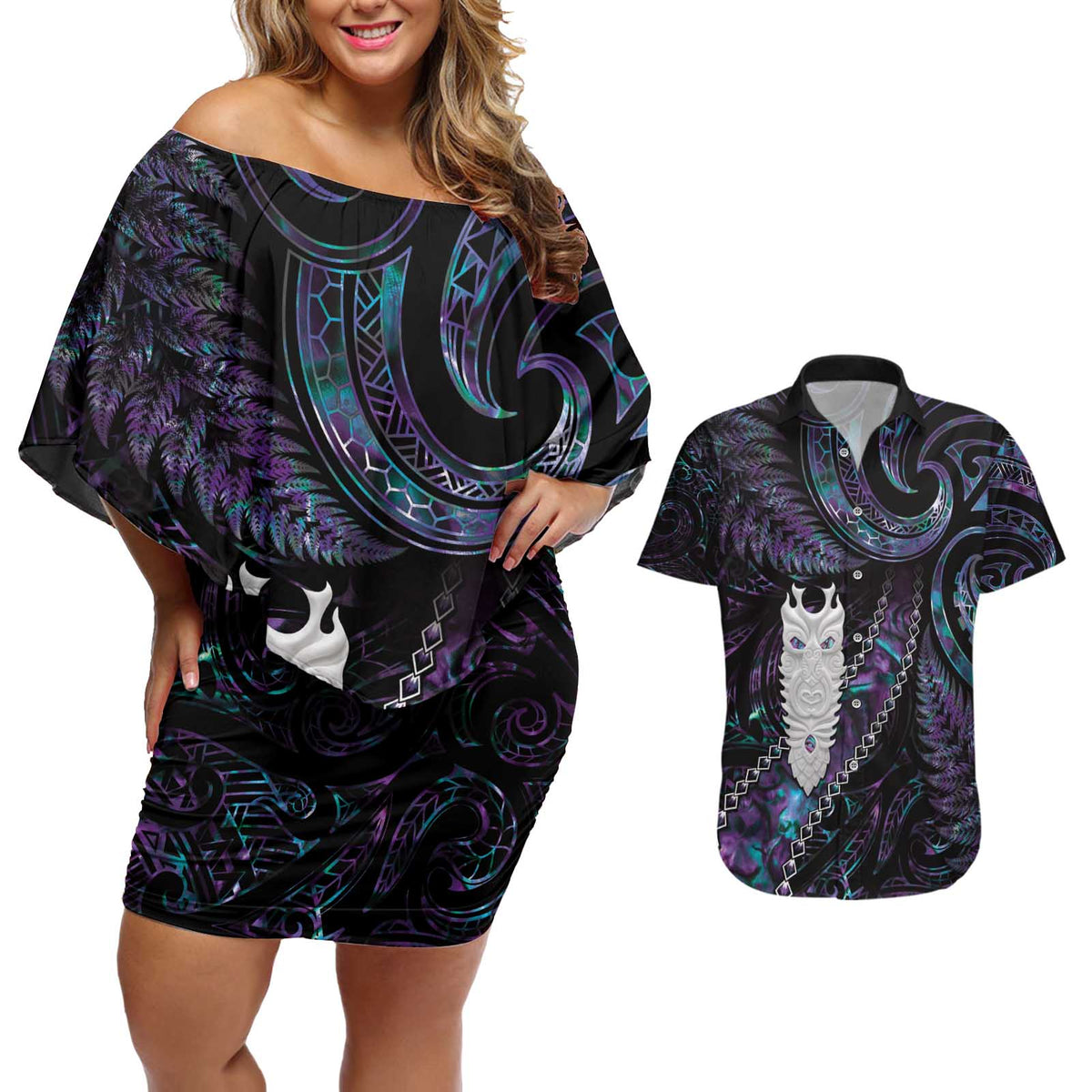 New Zealand Aotearoa Couples Matching Off Shoulder Short Dress and Hawaiian Shirt Maori Tane Te Waiora Paua Shell Glitter Purple LT05 Purple - Polynesian Pride