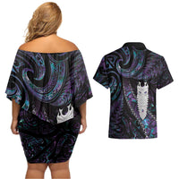 New Zealand Aotearoa Couples Matching Off Shoulder Short Dress and Hawaiian Shirt Maori Tane Te Waiora Paua Shell Glitter Purple LT05 - Polynesian Pride