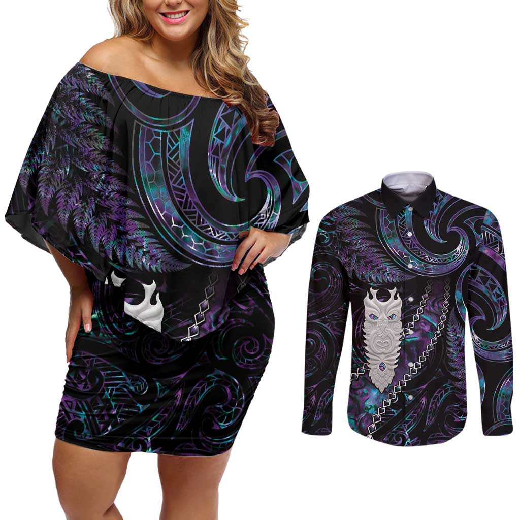 New Zealand Aotearoa Couples Matching Off Shoulder Short Dress and Long Sleeve Button Shirt Maori Tane Te Waiora Paua Shell Glitter Purple LT05 Purple - Polynesian Pride
