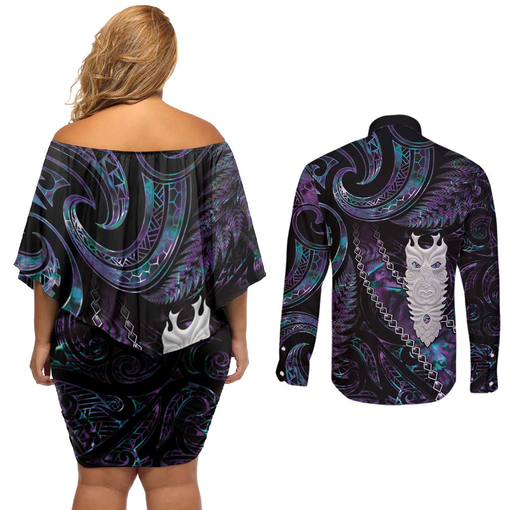 New Zealand Aotearoa Couples Matching Off Shoulder Short Dress and Long Sleeve Button Shirt Maori Tane Te Waiora Paua Shell Glitter Purple LT05 - Polynesian Pride