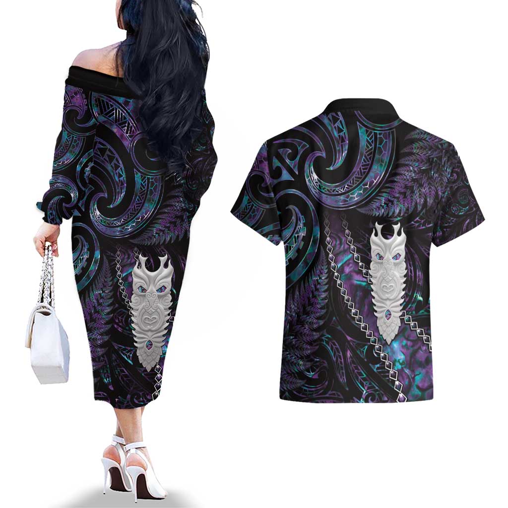 New Zealand Aotearoa Couples Matching Off The Shoulder Long Sleeve Dress and Hawaiian Shirt Maori Tane Te Waiora Paua Shell Glitter Purple LT05 - Polynesian Pride