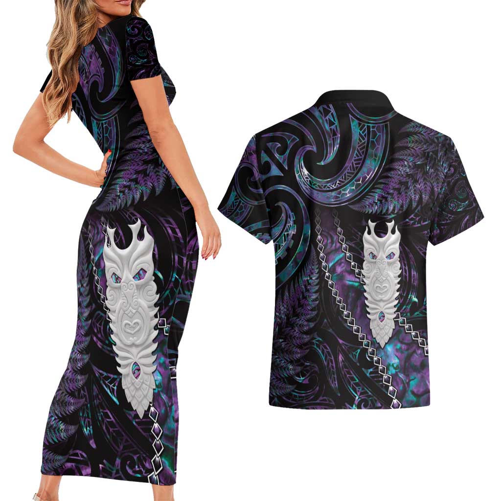 New Zealand Aotearoa Couples Matching Short Sleeve Bodycon Dress and Hawaiian Shirt Maori Tane Te Waiora Paua Shell Glitter Purple LT05 - Polynesian Pride