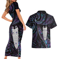 New Zealand Aotearoa Couples Matching Short Sleeve Bodycon Dress and Hawaiian Shirt Maori Tane Te Waiora Paua Shell Glitter Purple LT05 - Polynesian Pride