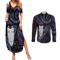 New Zealand Aotearoa Couples Matching Summer Maxi Dress and Long Sleeve Button Shirt Maori Tane Te Waiora Paua Shell Glitter Purple LT05 Purple - Polynesian Pride