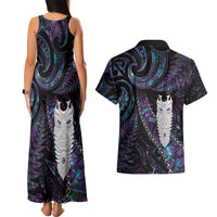 New Zealand Aotearoa Couples Matching Tank Maxi Dress and Hawaiian Shirt Maori Tane Te Waiora Paua Shell Glitter Purple LT05 - Polynesian Pride