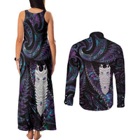 New Zealand Aotearoa Couples Matching Tank Maxi Dress and Long Sleeve Button Shirt Maori Tane Te Waiora Paua Shell Glitter Purple LT05 - Polynesian Pride
