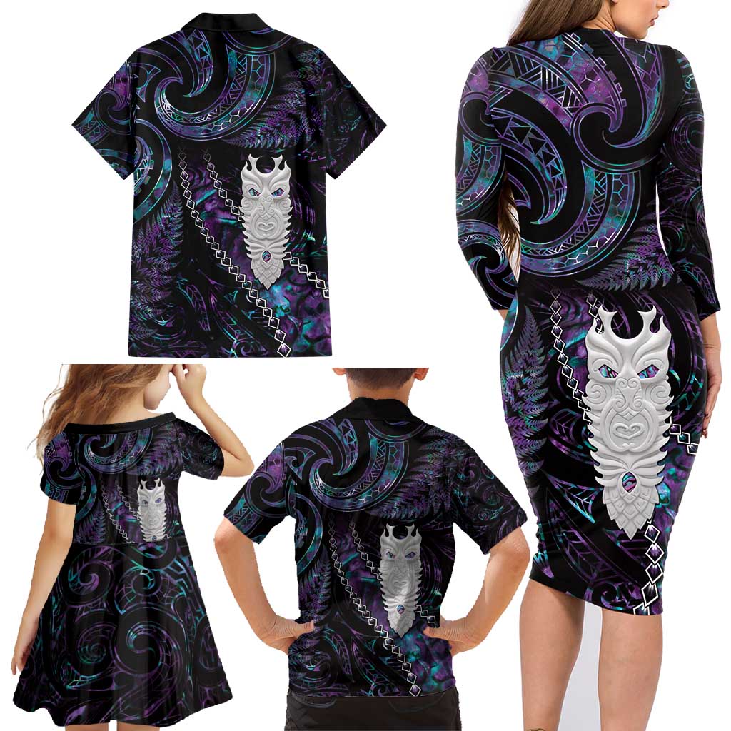 New Zealand Aotearoa Family Matching Long Sleeve Bodycon Dress and Hawaiian Shirt Maori Tane Te Waiora Paua Shell Glitter Purple LT05 - Polynesian Pride