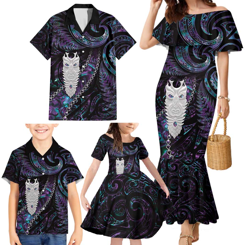New Zealand Aotearoa Family Matching Mermaid Dress and Hawaiian Shirt Maori Tane Te Waiora Paua Shell Glitter Purple LT05 - Polynesian Pride