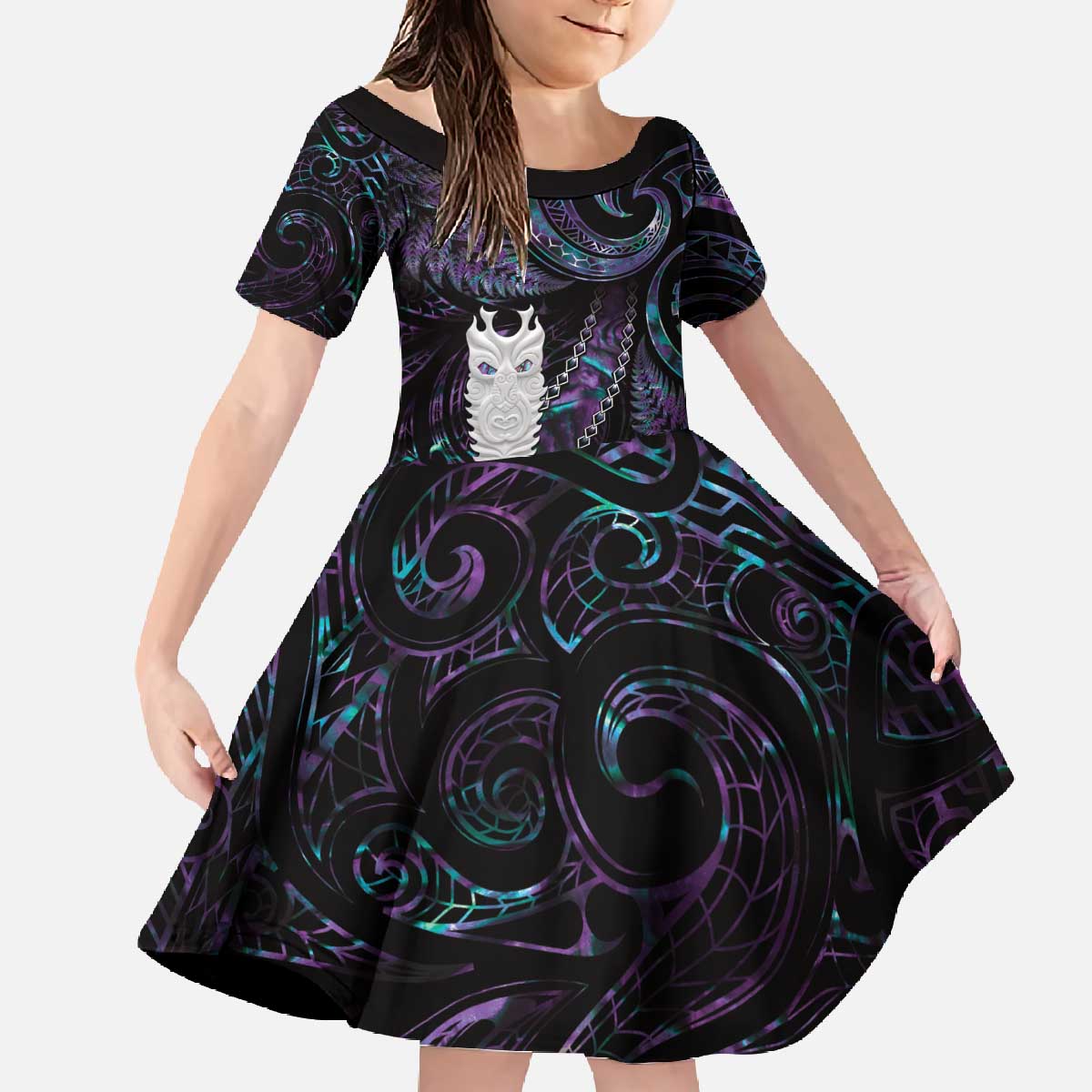 New Zealand Aotearoa Family Matching Off The Shoulder Long Sleeve Dress and Hawaiian Shirt Maori Tane Te Waiora Paua Shell Glitter Purple LT05 Daughter's Dress Purple - Polynesian Pride