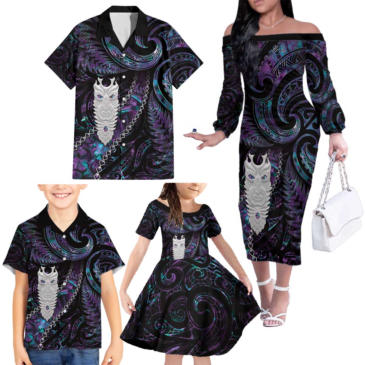 New Zealand Aotearoa Family Matching Off The Shoulder Long Sleeve Dress and Hawaiian Shirt Maori Tane Te Waiora Paua Shell Glitter Purple LT05 - Polynesian Pride