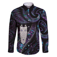 New Zealand Aotearoa Family Matching Off The Shoulder Long Sleeve Dress and Hawaiian Shirt Maori Tane Te Waiora Paua Shell Glitter Purple LT05 Dad's Shirt - Long Sleeve Purple - Polynesian Pride