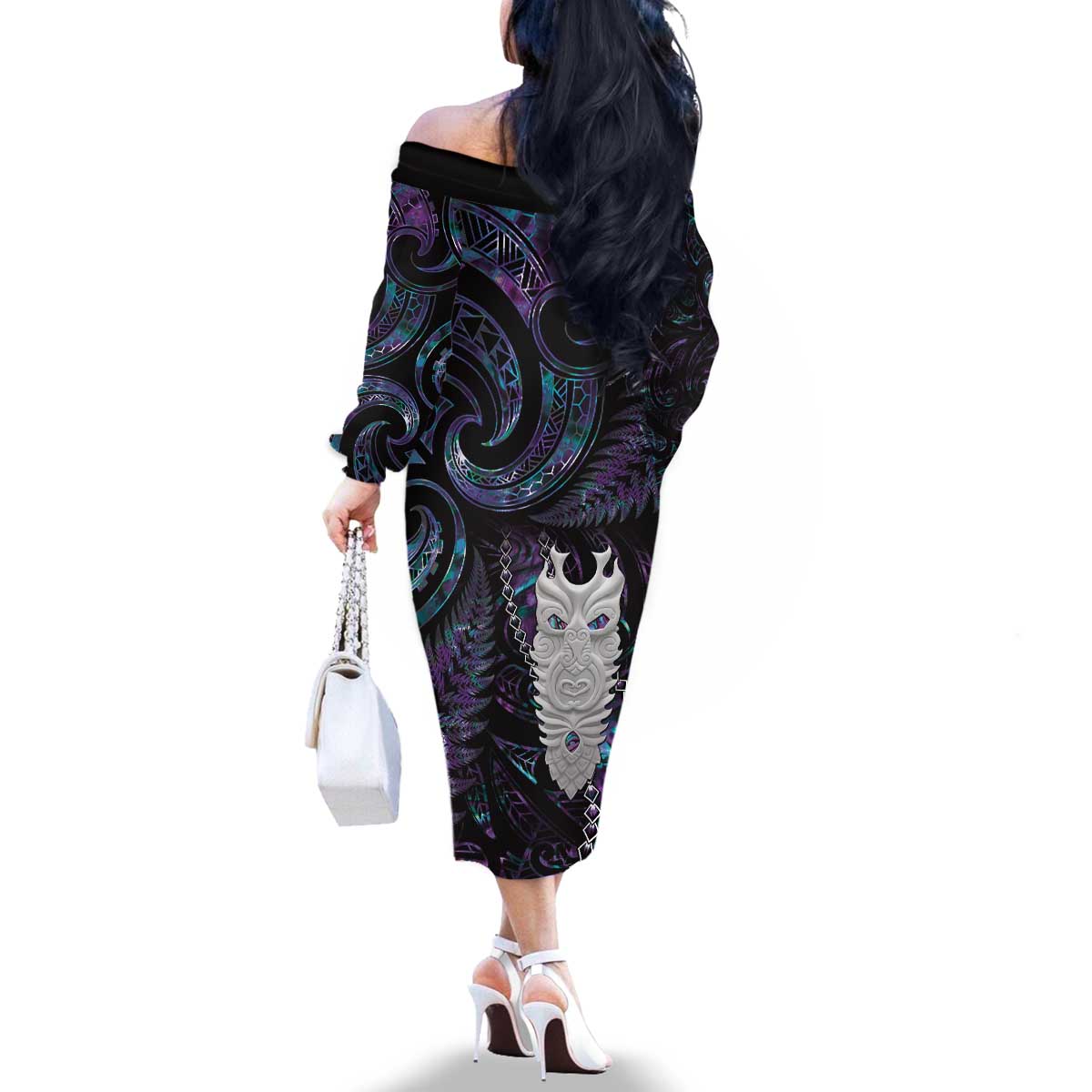 New Zealand Aotearoa Family Matching Off The Shoulder Long Sleeve Dress and Hawaiian Shirt Maori Tane Te Waiora Paua Shell Glitter Purple LT05 - Polynesian Pride