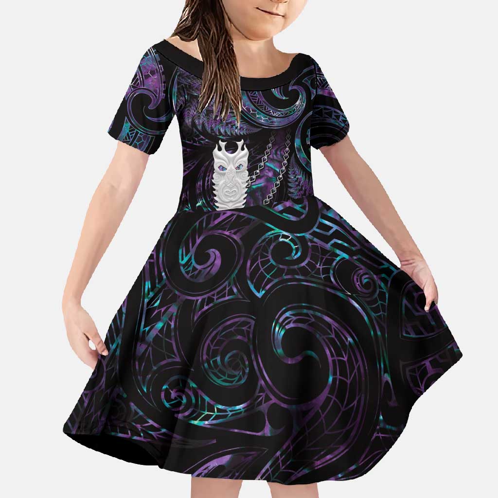 New Zealand Aotearoa Family Matching Off Shoulder Maxi Dress and Hawaiian Shirt Maori Tane Te Waiora Paua Shell Glitter Purple LT05 Daughter's Dress Purple - Polynesian Pride