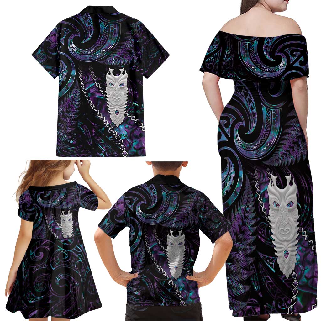 New Zealand Aotearoa Family Matching Off Shoulder Maxi Dress and Hawaiian Shirt Maori Tane Te Waiora Paua Shell Glitter Purple LT05 - Polynesian Pride