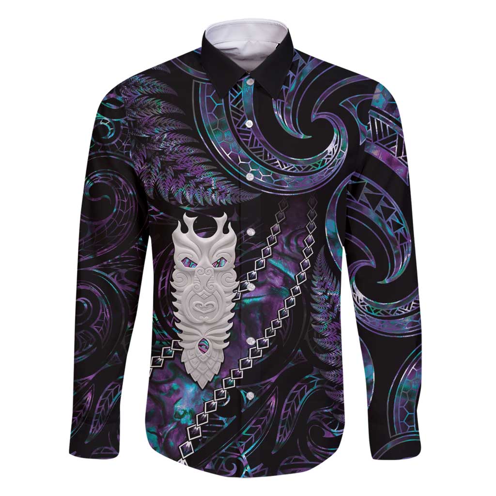 New Zealand Aotearoa Family Matching Off Shoulder Maxi Dress and Hawaiian Shirt Maori Tane Te Waiora Paua Shell Glitter Purple LT05 Dad's Shirt - Long Sleeve Purple - Polynesian Pride
