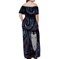 New Zealand Aotearoa Family Matching Off Shoulder Maxi Dress and Hawaiian Shirt Maori Tane Te Waiora Paua Shell Glitter Purple LT05 - Polynesian Pride