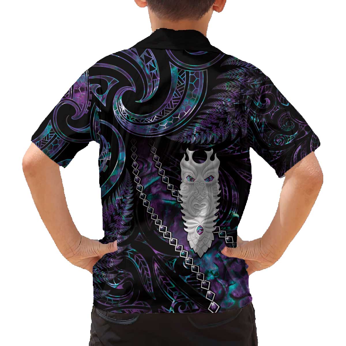 New Zealand Aotearoa Family Matching Off Shoulder Short Dress and Hawaiian Shirt Maori Tane Te Waiora Paua Shell Glitter Purple LT05 - Polynesian Pride